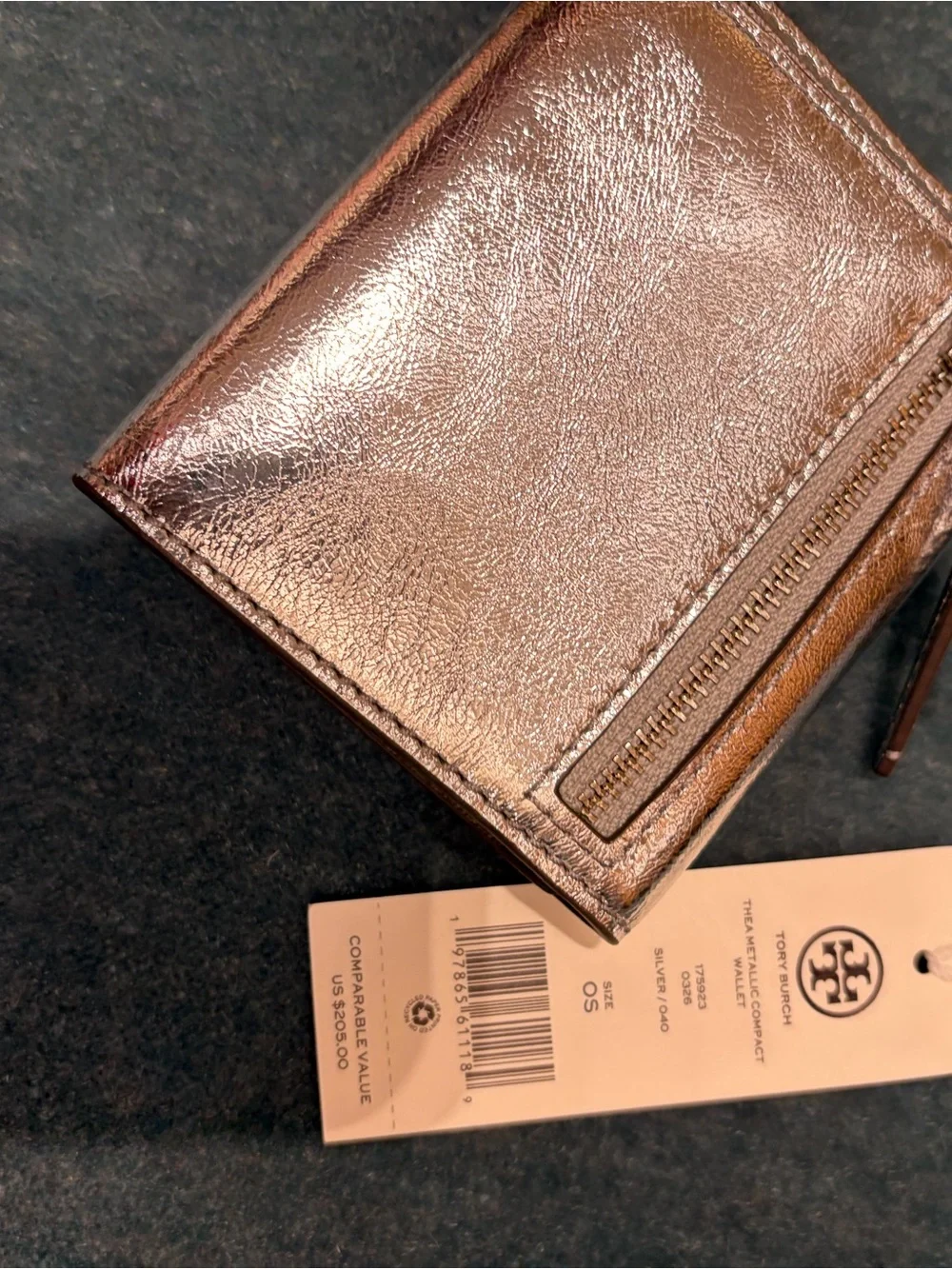 Tory Burch Metallic Silver Compact Wallet Thea new with tag